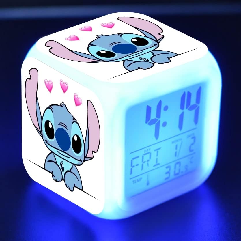 aixomy LED Stitch Anime Digital Alarm Clock - Mini Size, 8cm,3 inch, 7 Colors Change, Temperature, Perfect for Kids Bedroom(14)