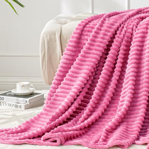 Image of BEDELITE Fleece Throw Blanket for Couch - 3D Ribbed Jacquard Soft and Warm Decorative Fuzzy Blanket - Cozy, Fluffy, Plush Lightweight Hot Pink Throw Blankets for Bed, Sofa, 50x60 inches