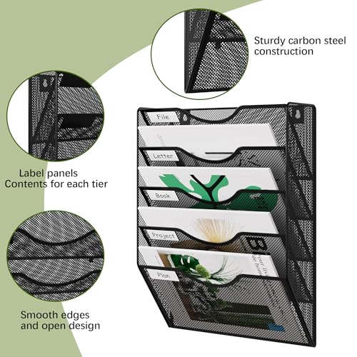 EasyPAG 5 Pocket Mesh Hanging Wall File Organizer, Easily File Managment and Classification, Space Saving Wall Mount Filing Holder for Office Home Classroom, Black - Image 4