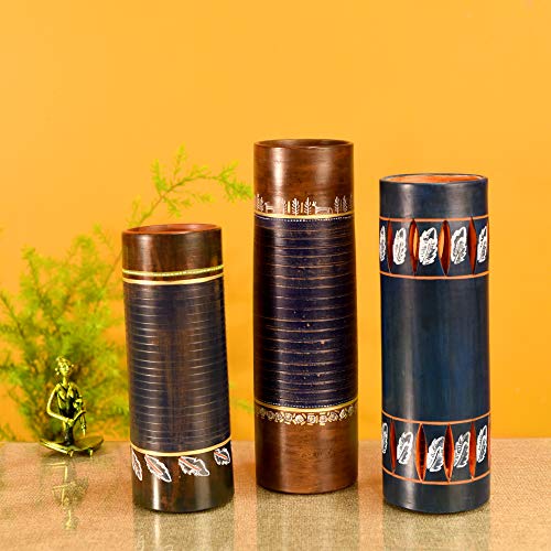 Image of Aakriti Art Creations Autumn Leaf Blue Earthen Vase Set of 3 | Tubular Shape Terracotta Flower Vases | Matte Finish Floral Art Decorative Vases for Living Room, Floor Decor & Gifting