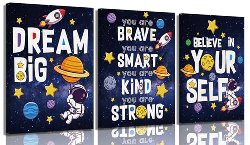 Image of 3Pcs Inspirational Space Astronaut Kids Canvas Wall Art, Inspirational Quotes Painting Picture Wall Decor, Boys Positive Affirmative Poster Print Artwork for Playroom, Classroom, 16x24in