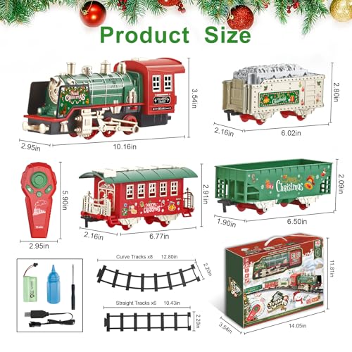 JUQU Train Set, Christmas Train with Remote Control Train Toys w/Smoke, Whistle & Lights, Christmas Train Sets for Around the Tree, Toy Train Sets for Boys, Model Trains Gifts for Age 3 4 5 6 7 8+Kids