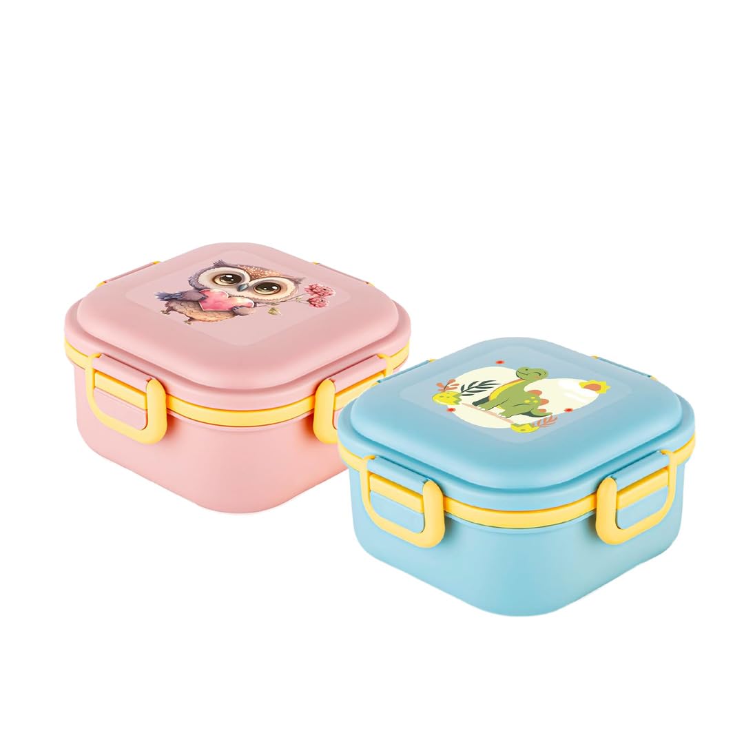 ATTRO Quick Bite Kids Plastic Lunch Box with 3 Compartments, Fork & Spoon, BPA-Free Food Grade, Ideal for School, Picnic & Outdoor Use – 800ml (Owl Love Peach/Dino Delight Blue)-Set of 2-image-1