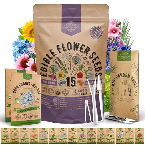 Organo Republic 15 Edible Flower Seeds Variety Pack- Indoor/Outdoor. 4800+ Non-GMO Heirloom Flower: Borage, Bishop's Flower, Chicory, Chives, Hyssop, Echinacea, Lavender Seeds & More