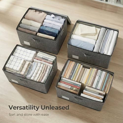 Image of PRANDOM Storage Bins with Lids [3-Pack] Linen Fabric Foldable Storage Boxes Organizer Containers Baskets Cube with Cover for Bedroom Closet Office Grey(23.4X15.9X11.4)