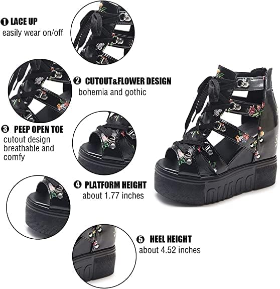 Women's Goth Punk Wedge Sandals Ankle Strap Cutout High Heel Roman Platform Pumps,Open Toe Lace-up Fish Mouth Summer Sandals - Image 4