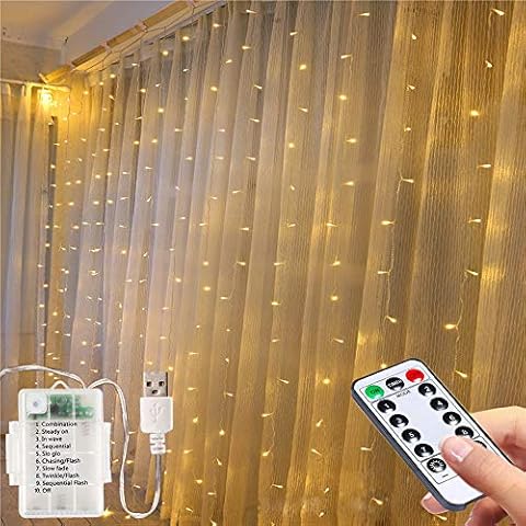 Avyvi Fairy Curtain String Lights- 3M*1.5M USB Operated Or Battery Powered String Lights,200Led Window Lights with Remote &Timer /8 Modes Fariy Lights for Bedroom Dorm Wall Party Wedding Warm White… Cover