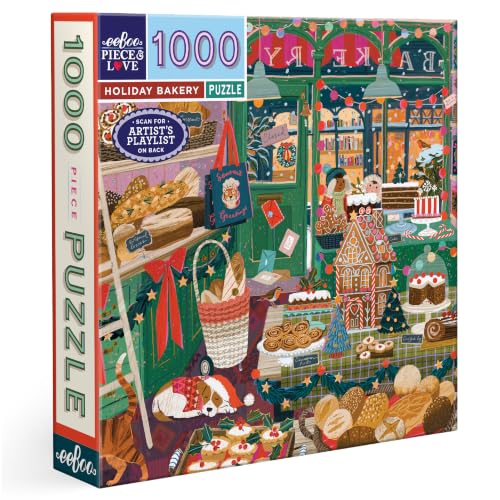 Image of eeBoo Holiday Bakery 1000 Piece Square Jigsaw Puzzle, 23 inch x 23 inch | Double coated, sturdy & dust free pieces with a satisfying snap. Includes full color reference insert. Vibrant, original art