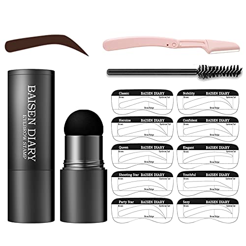 Eyebrow Stamp and Eyebrow Stencil Kit One Step Eyebrow Stamp Shaping Kit with 10 Reusable Eyebrow Stencils, Eyebrow Razor and Eyebrow Brushes, Long-lasting, Waterproof Buildable Eyebrow Makeup (Chestnut)