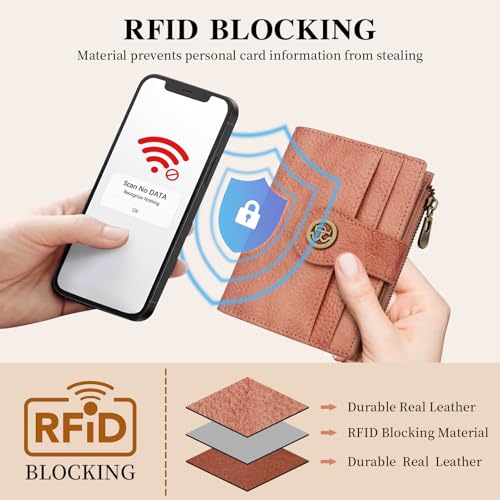 Image of Leather Wallet Women,RFID Blocking Wallets for Women Bifold Compact Small Card Holder With Zipper Coin Pocket ID Window(Pink)
