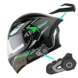 1Storm Motorcycle Modular Full Face Flip up Dual Visor Helmet + Spoiler Bundle with Freedconn Motorcycle Bluetooth Headset: HB89 Storm Green
