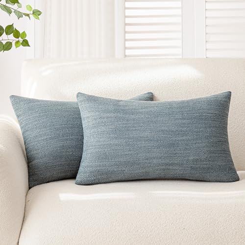 Foindtower Set of 2 Decorative Textured Burlap Linen Throw Pillow Covers Farmhouse Boho Lumbar Cushion Cover Solid Accent Pillowcase for Couch Sofa Bed Living Room Home Decor,12×20 Inch,Blue Gray
