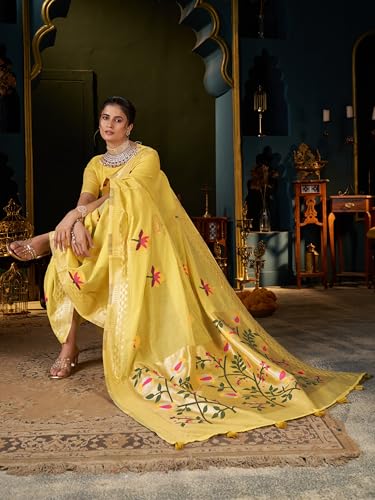 Image of MADHUHANSH Women's Cotton Linen Saree with Unstitched Blouse Piece and Floral Printed Pattern | Women Saree for Special Occasion | Stylish Modern Sarees