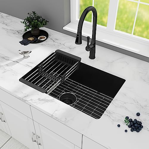 Image of Black Kitchen Sink, Matte Black Granite Composite Kitchen Sink, 27 Inch Undermount Quartz Stone Kitchen Sinks, 27 inch x 18 inch x 9 inch Single Bowl Kitchen Sinks With Accessories