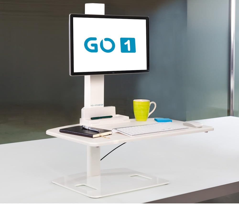 Yo-Yo Desk White Go 1 | Height Adjustable Standing Desk With Single Arm Monitor | Superior Ergonomic Sit-Stand Solution | Standing Desk Solution For Taller Users | Excellent Cable Management (White)