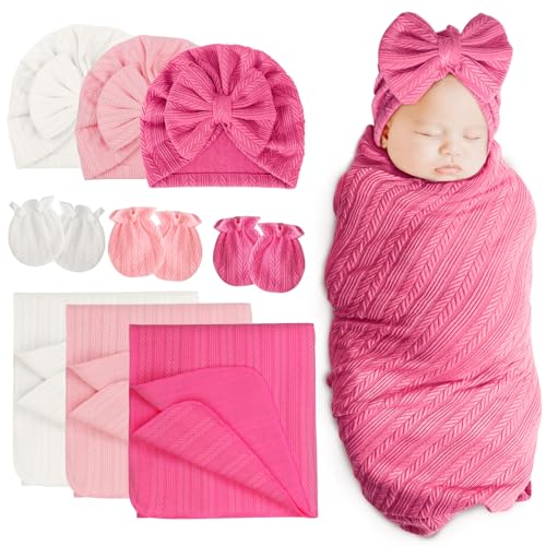 Image of DRESHOW BQUBO Newborn Receiving Blanket Hat Mittens Set for Baby, Unisex Baby Boys Girls Essentials, Newborn Registry Must Haves, Stroller Crib Shower Gifts