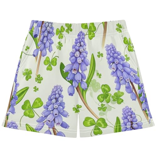Girls Shorts Floral Purple Grape Green Leaves Athletic Summer Casual Comfy Pajama Sleepwear Youth Fashion, X-Small