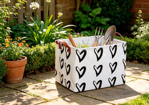 Image of CLOCOR Heart Rectangular Storage Bin, Collapsible Waterproof Books Box with Handles, Gift Baskets (Black Hearts)