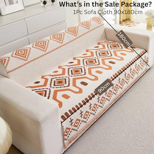 Image of HOMETHREADS Chenille Bohemian Boho Style Sofa Cover | Thick & Soft Luxury Slipcover | Protective, Washable & Stylish Couch Cover for Living Room Decor. (Bohemian Orange, 1 Seater Large | 90x180cm)