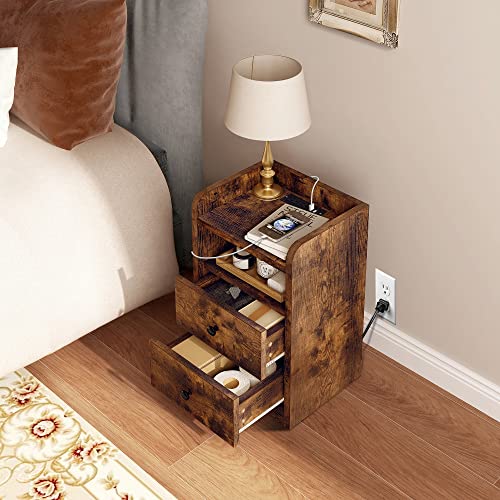 FABATO 22" H Nightstand with Charging Station Bedside Table with 2 Drawers Storage Shelf 2 USB Charging Ports Narrow Sofa Side Table for Small Spaces Living Room Bedroom Rustic Brown