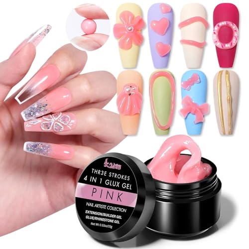 Image of THR3E STROKES 7D Sculpting Gel for Nail Art - Clear 15g Hard Builder Gel for Nail Extension, Carving & Embossing | Non-Sticky Texture, 7D Pattern Design Gel - Professional & DIY Use 4IN1 GLUX (PINK)