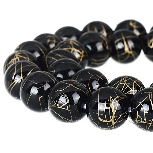 RUBYCA Round Crackle Czech Crystal Pressed Glass Beads for Jewelry Making 10mm Strand (Black)