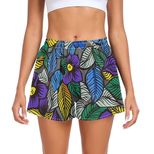 EtherSpher Purple-Blue Flowers Womens Athletic Shorts Loose&Comfy Lady Biker Shorts for Running Yoga Sports Beach Shores para Mujeres L