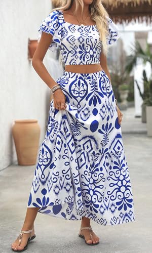 Image of Summer Boho Dress for Women Beach Vacation,2 Pieces Casual Ruffle Smocked Crop Tops and Flowy Maxi Skirts Set
