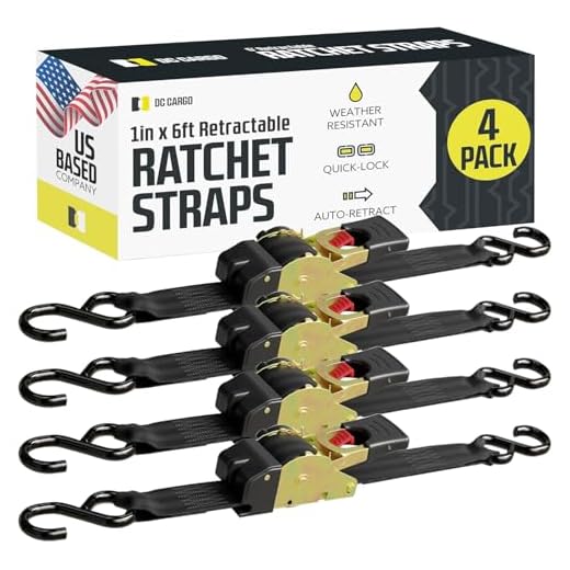 4 Auto Retract NO-RATCHETING Ratchet Straps | 1" x 6' Retractable SELF-CONTAINED Compact Cargo Strap Tiedowns for Motorcycles, Bikes, ATVs | Tight & Secure Tie-Down in Pickups, Trailers, Garages