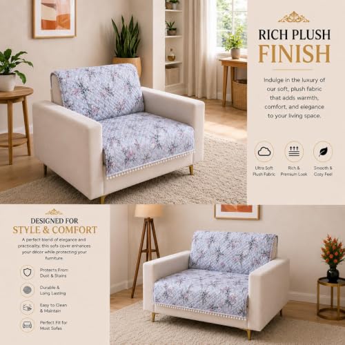 Image of Homerz Premium Printed Quilted Velvet Sofa Slip Cover Protector with Tassels, Sofa Mat, Exact Size, Antislip Cover (Grey Autumn, 1 Seater, Full)