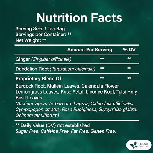 Image of FreshDrinkUS, Lymphatic Drainage Tea | 30 Tea Bags | Herbal Tea Bags with Ginger, Dandelion Root, Burdock Root, Mullein, Calendula, Lemongrass, Rose, Licorice & Tulsi - Caffeine-Free Herbal Blend