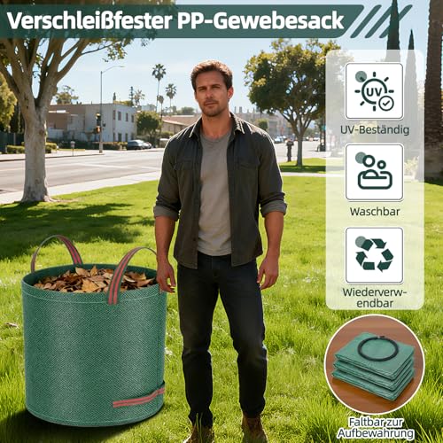 Gartensack Laubsack 3X 300L Groß - Extra Stabil & Faltbar mit 4 Tragegriffen & Stützstreifen - Robuster Gartenabfallsack aus PP-Gewebe Wiederverwendbar für Laub, Rasenschnitt und Gartenabfälle