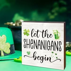 St Patricks Day Decorations Let The Shenanigans Begin Decor Irish Gifts for Women Rustic Green Shamrock Wood Block Sign for Home Party Shelf Table Tiered Tray Decor 47 x 47 A04