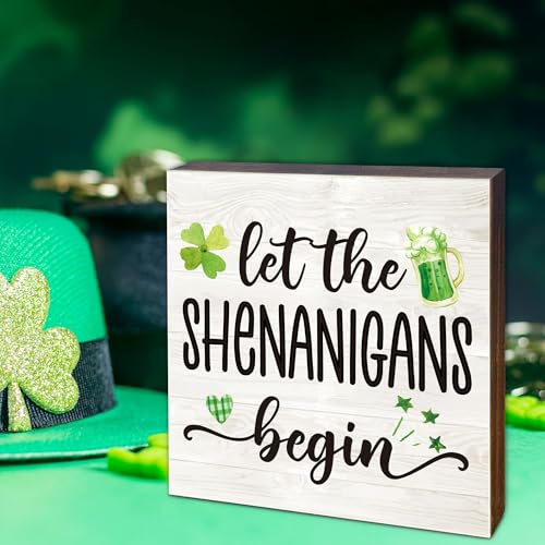 St Patricks Day Decorations Let The Shenanigans Begin Decor Irish Gifts for Women Rustic Green Shamrock Wood Block Sign for Home Party Shelf Table Tiered Tray Decor 47 x 47 A04