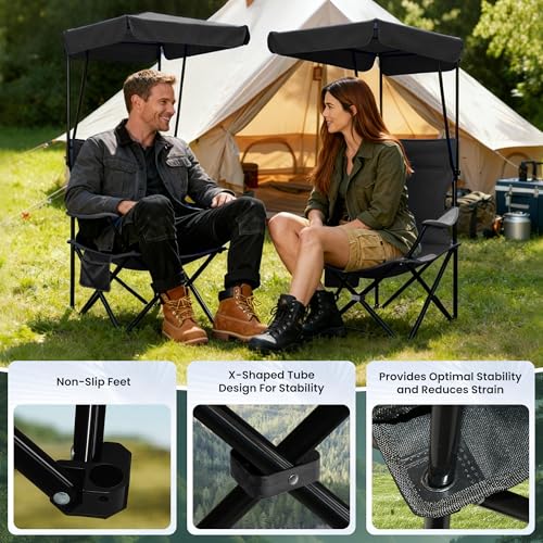 Silla de camping portátil 2 unidades con dosel plegable, silla plegable para exteriores con portavasos y bolsillo lateral para camping, senderismo, picnic y playa (Negro) miniatura 6