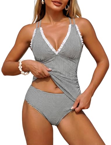 ZAFUL Womens Tankini Bathing Suits Modest Two Piece Swimsuit Smocked Push Up Slimming Tankinis with High Waisted Full Coverage Bottom Adjustable Straps Ruched Tummy Control Swimwear Black Striped L