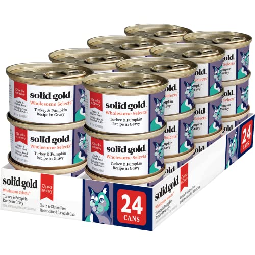 Image of Solid Gold Wet Cat Food for Adult & Senior Cats 24 Pack - Wholesome Selects Chunks in Gravy - Made with Real Turkey & Pumpkin for Healthy Digestion and Sensitive Stomach