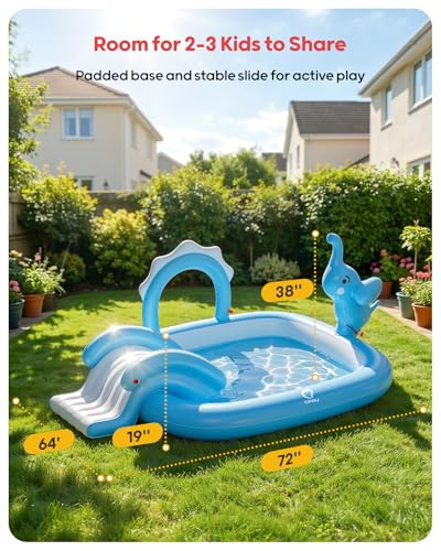 QPAU Elephant Kids Pool with Slide and Sprinkler, Inflatable Play Center with 4 Rings, 72 × 64 × 37 in, Fast Inflation Kiddie Pool for Garden & Backyard, Birthday Gift for Ages 1+ (Blue) - image 4