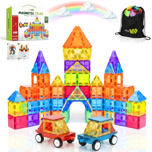 Image of Magnetic Tiles 100 pcs with 2 Cars, STEM Building Blocks for Kids, Educational Gift, Magnet Construction Toys for Toddlers, School Teacher Supplies, Classroom Must-Haves