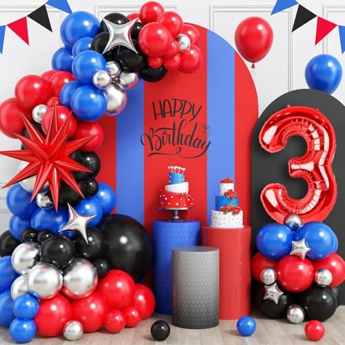 3rd Birthday Decorations for Boys Royal Blue Black Red Silver Balloon Garland Arch Kit with 40 Inch Red Number 3 Balloon Tower 3rd Birthday Balloons for Kids Birthday Party Supply