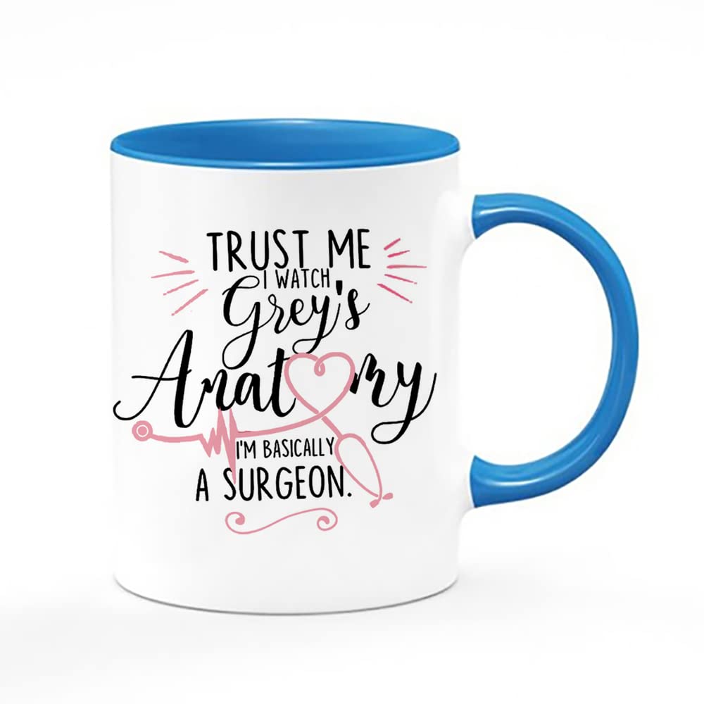 Giftme Trust Me I Watch I'm Basically A Surgeon Birthday Secret Santa Coffee Tea Mug Unique Inside Coloured Ceramic Mug. (Blue Inside Coloured and Handle)