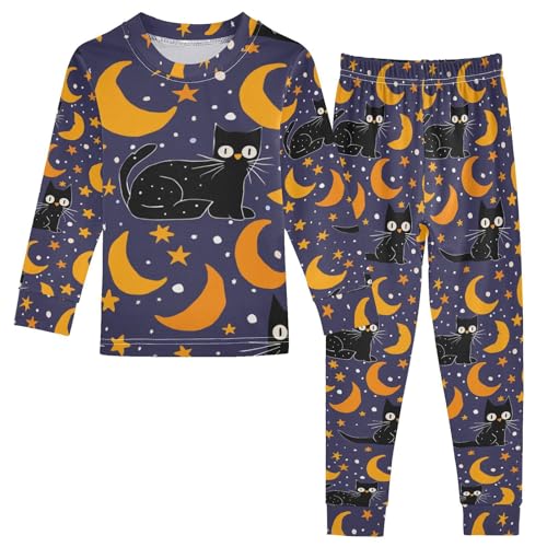 Fustylead Hand Draw Black Cat in Recumbent Pose and Stars Moon Cotton Pajamas 2-Piece Long Sleeve Sleepwear Matching Set
