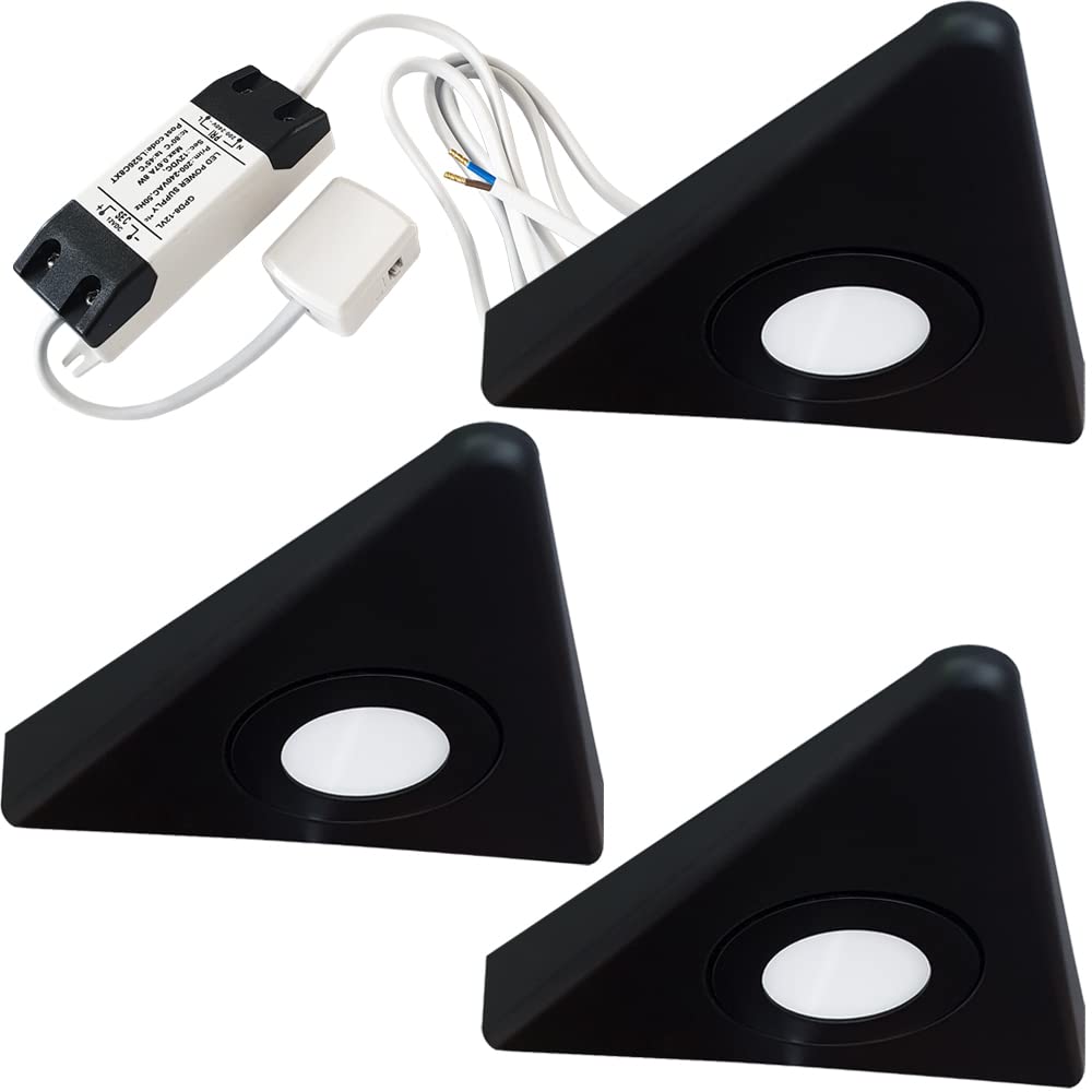 Modern Triangle Under Cabinet Kitchen Light & Driver Kit - Smooth Diffused LED - Slim Pyramid Worktop Light - Low Profile Surface Mounted (3X Lights & Driver, Natural White LED, Matt Black Bezel)