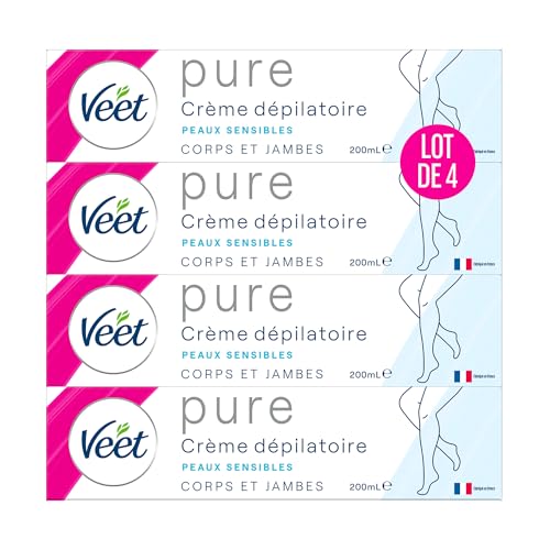 VEET Pure - Crema depilatoria para cuerpo y piernas, piel sensible, sin olor a amoniaco, 4 unidades de 200 ml