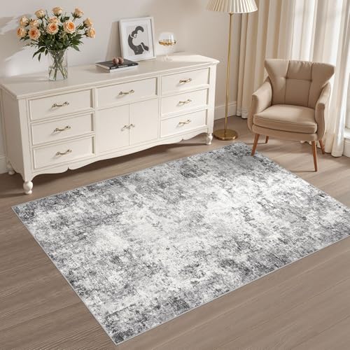 3x5 Area Rug Living Room Rugs - Washable Neutral Modern Abstract Soft Thin Rug Indoor Floor No Slip Rug Carpet for Bedroom Under Dining Table Home Office Decor - Grey