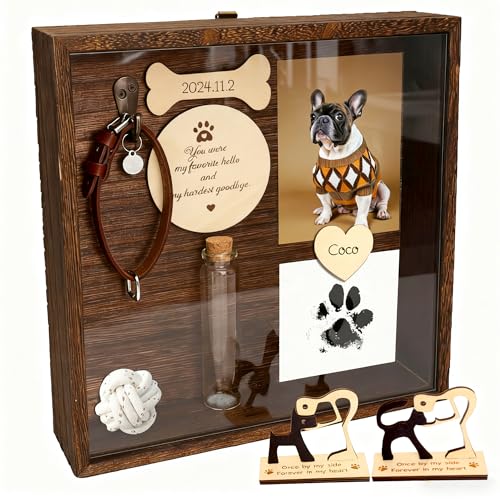 Ligtmor - Caja Sombras para Mascotas 8.6'' - Regalo conmemorativo, Soporte rústico Collar, Marco Fotos, Huella Pata, Escultura Madera Perro, Tarro, condolencia,Pared Colgante /Mesa
