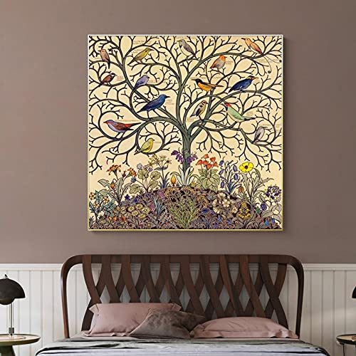 Toile fleur et oiseaux pour égayer votre chambre avec cette affiche Arbre de Vie KEBIA