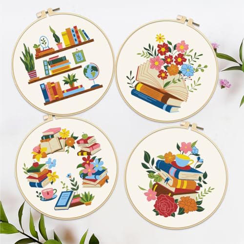 Image of FREEEBLOSS 4 Set 8'' Flowers Embroidery Kit for Beginners Stamped Books and Flowers Pattern Embroidery Kit Cross Stitch Kit Embroidery Starter Kit with Instructions, Embroidery Hoops