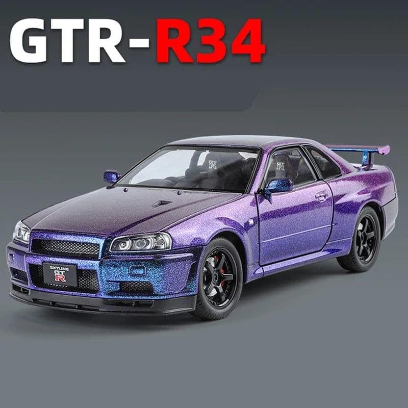 Image of PLUSPOINT Diecast Metal Skyline GTR-R34 P.Walker Edition Sports 1:24 Scale Dualtone Simulation Model Alloy Pull Back Toy car for Kids with Openable Doors & Light, Music Toy Vehicle for Kids, Adults