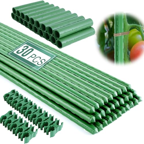 Fabulas Garden Stakes 16 Inch 30 Pack Diy 4ft 5ft 6ft 7ft 8ft Tomato Stakes Plastic Coated Metal Plant Sticks Stakes Supports with 20 Connectors 15 Rotatable Clips for Indoor Outdoor Plants Vegetable